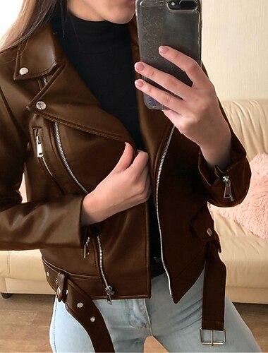  Dame Lærjakker Biker jakke utendørs Full glidelås Helfarge Vanntett Gatemote Normal Yttertøy Langermet Høst Svart S