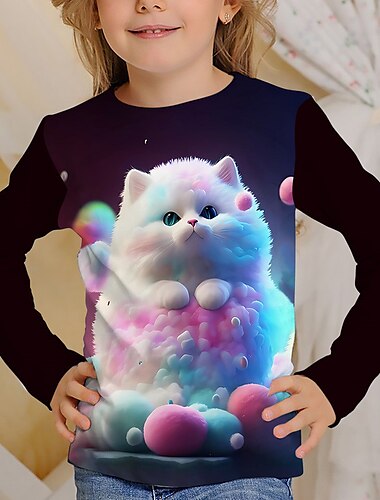  Mädchen 3D Blumen Karikatur Katze T-Shirt Langarm 3D-Druck Sommer Herbst Aktiv Modisch Kuschelig kinderkleidung 3-12 Jahre Outdoor Casual Täglich Regular Fit
