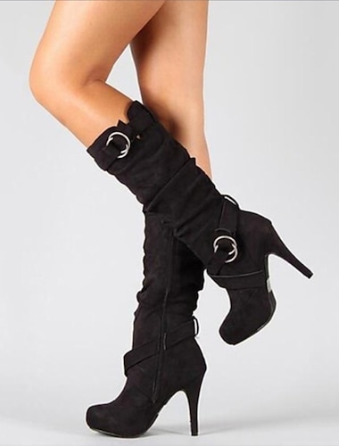  Femme Bottes Chaussures en daim Talons aiguilles Bottes souples Extérieur du quotidien Couleur unie Bottes mi-mollet Talon Aiguille Bout rond Elégant Rétro Vintage Sexy Polyuréthane Fermeture Noir