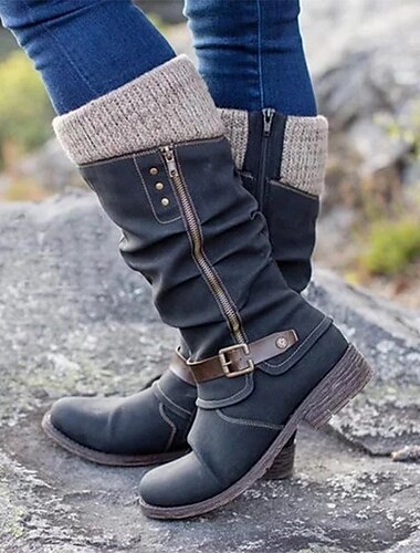  Mujer Botas Botas de Combate Botas tipo suéter Botas de Equitación Diario Paseo Color sólido Botas hasta la rodilla Hebilla Talón de bloque Dedo redondo Vintage Casual Confort Zapatos de Paseo PU