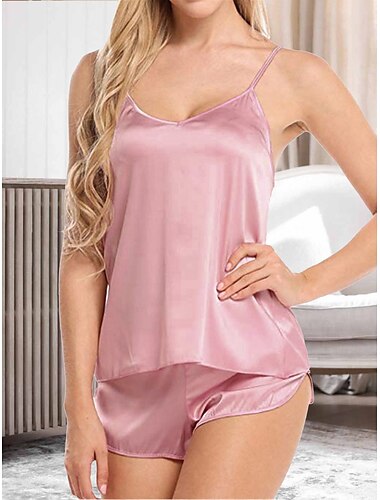  pyjamasset för kvinnor ren färg mode avslappnad mjukt hem daglig säng satin siden andas remmar kortärmad rem top byxa sommar höst hem outfits
