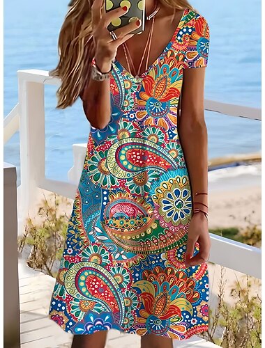  Mujer Vestido informal Vestido estilo camiseta Vestido tubo Floral Cachemir Estampado Escote en V Profunda Mini vestido Clásico Casual Cita Manga Corta Verano Primavera