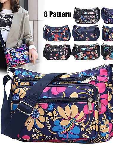  bolsa de ombro transversal floral feminina, bolsa de nylon leve e à prova d'água com vários bolsos com zíper, bolsa de viagem casual para uso diário e férias
