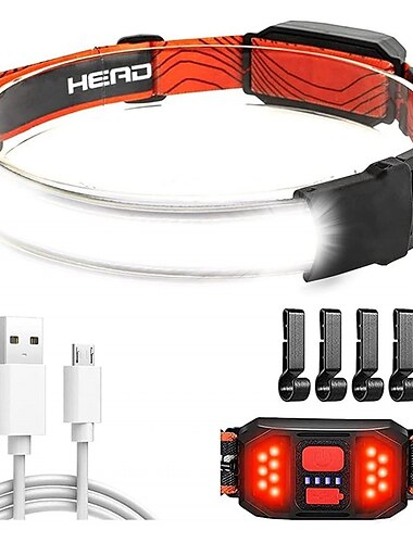  1 linterna frontal LED recargable USB de 1000 lúmenes con luz trasera roja para actividades al aire libre, ligera, resistente al agua e ideal para acampar, correr y hacer senderismo.