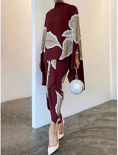  Damen Kleid-Set Casual kleid Rock-Set Etuikleid Elegant Modern Blumen Rüsche Bedruckt kleid lang Langarm Ständer Täglich Ausgehen Weiß Champagner Wein Herbst Winter Regular Fit