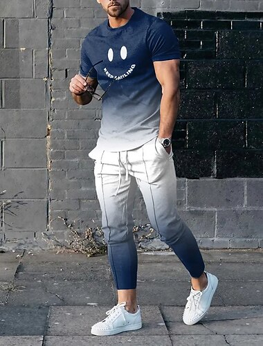  カートゥン スポーツ デザイナー カジュアル 男性用 3Dプリント シャツセット Tシャツの衣装 シャツとパンツのセット アウトドア 日常 バケーション Tシャツ ブルー 半袖 クルーネック シャツ 春夏 衣類 S M L XL 2XL 3XL