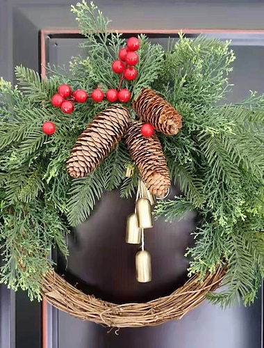  Weihnachtskranz Boho-Kranz, 17,7'' künstlicher goldener Glockenkranz, Weihnachtsbaum-Haustür-Hängegirlande, handgefertigter Kiefernring-Weinrebenkranz, Feier-Weihnachtsdekoration