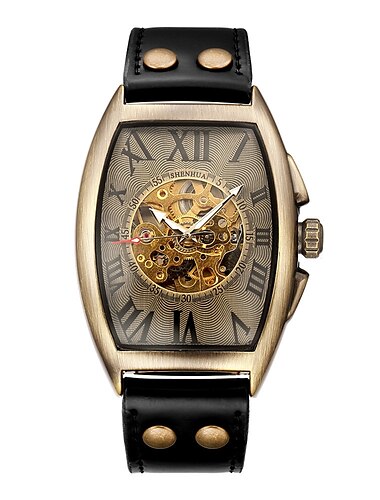  Coole automatische mechanische Analoguhr im Herrenstil, Dampfpunk, Rock, Gothic, Lederarmband, schwarzes Braun, Kugel, hohlgeschnitztes Design