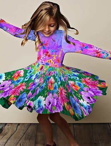  Pasqua ragazze' 3D Floreale Vestito Manica lunga Stampa 3D Autunno Inverno Da mare Sportivo Giornaliero stile sveglio Informale Bellissimo Bambino 3-12 anni Abito casual Abito linea A Sopra il