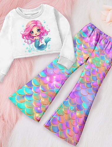  Mädchen 3D Graphic Karikatur Meerjungfrau Set aus Sweatshirt und Jogginghose Kleidungsset Rosa Langarm 3D-Druck Herbst Winter Aktiv Modisch Täglich kinderkleidung 3-12 Jahre Outdoor Urlaub Verabredung