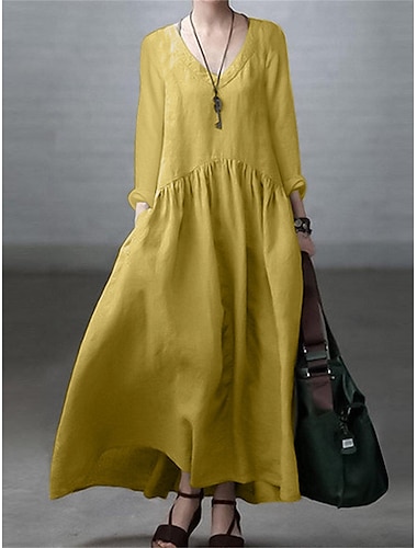  Γυναικεία Καθημερινό φόρεμα Βαμβακερό φόρεμα Αμπάγια Μακρύ φόρεμα Λινό Σουρωτά Βασικό Κλασσικό Καθημερινά Διακοπές Λαιμόκοψη V Μακρυμάνικο Άνοιξη Φθινόπωρο Χειμώνας Πράσινο παραλλαγής Μαύρο Σκέτο