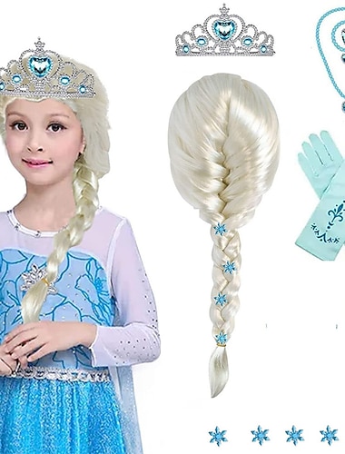  12 stuks set kinderen elsa cosplay pruik lange blonde prinses gevlochten pruik wit meisje synthetische pruik voor anime feest pruik pet carnaval pruiken