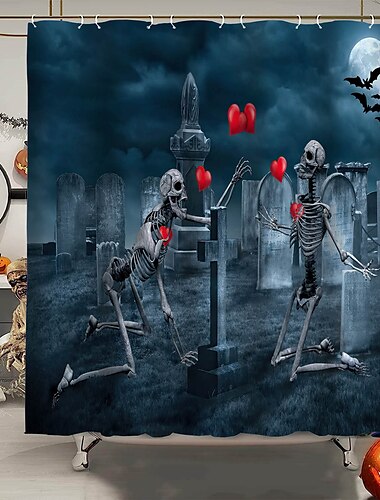  Halloween-Horror-Duschvorhang mit Haken, Flamingo-Badezimmer-Dekor, wasserfester Stoff-Duschvorhang-Set mit 12 Kunststoff-Haken, Skelett, Kürbis, Hexe
