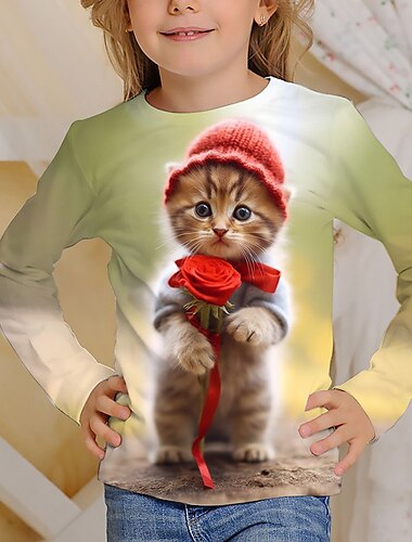  Girls' 3D Graphic Cartoon Cat T shirt Tee Long Sleeve 3D Print Summer Fall Active Fashion Cute Kids 3-12 Years Outdoor Casual Daily Regular Fit