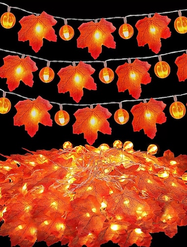  luci a corda a forma di foglia d'acero con zucca a led di Halloween 20/10 led per feste in giardino a casa, festa del ringraziamento, autunno, decorazione per patio