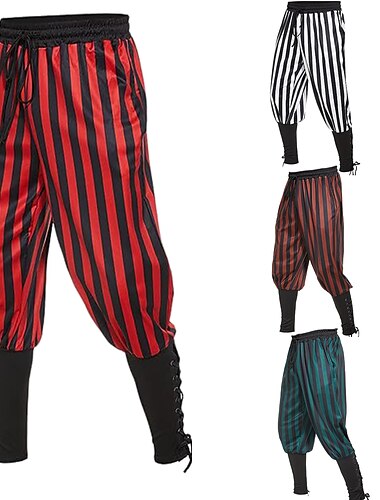  Rétro Vintage Médiéval 17ème siècle Pantalons de pirate Ren Faire Collier Pirate Chevalier Viking Cordon de serrage Rayures Homme Pirate Halloween Carnaval LARP Foire de la Renaissance Adulte Pantalon