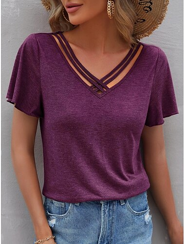  Damen T Shirt Burgunderrotes T-Shirt Elegante Oberteile Glatt Basic Kurzarm V Ausschnitt Normale Oberteile Täglich Wochenende Ausgeschnitten Schwarz Wein Marineblau Himmelblau Purpur