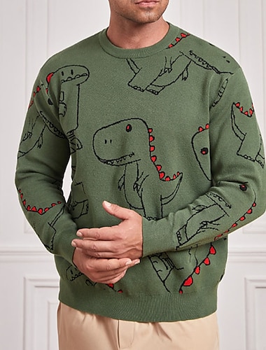  Hombre Caricatura Dinosaurio Suéter de punto Prendas de punto Cuello Barco Moda Ropa de calle Design Vacaciones Ropa Cotidiana Noche De Punto Manga Larga Otoño invierno Verde Ejército