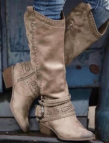  Damen-Westernstiefel aus violettem Wildleder mit perforiertem Schnallenriemen und Nähten, Cowgirlstiefel mit halbhoher Schafthöhe für Freizeit und Outdoor