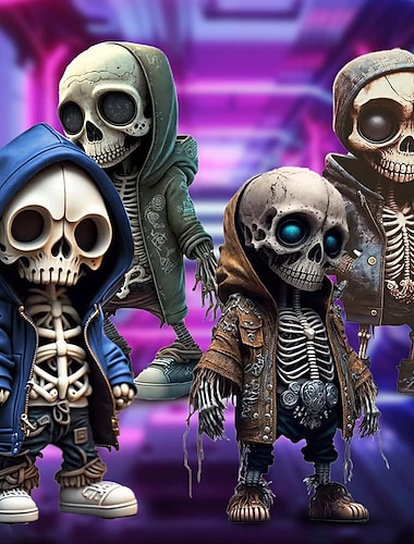  coola skelettfigurer, 2024 nya halloween skelettdocka hartshantverk prydnadsföremål, personligt mode mini coola skelettfigurer dekor skelett man hartsstatydocka för skrivbordsinredning på hemmakontoret