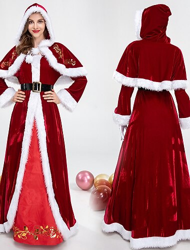  Kerstmanpakken Kerstman Mrs.Claus Cosplay kostuum Outfits Kerst jurk Santa kleren Dames Kerstmis Cosplay Kostuum Volwassenen Kerstmis Carnaval Maskerade Kerstmis Kleding Handschoenen Riem Cape