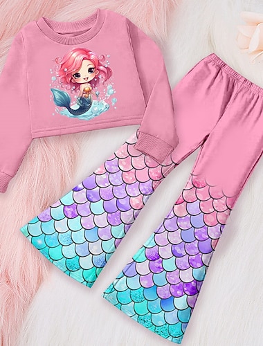 Flickor 3D Grafisk Tecknat Sjöjungfru Sweatshirt & Sweatpants Set Klädesset Rosa Långärmad 3D-tryck Höst Vinter Aktiv Mode Dagligen Barn 3-12 år Utomhus Semester Datum Normal