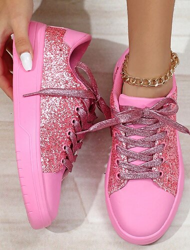  Dames Sneakers Platte schoenen Roze Grote maten Fantasie schoenen Feest Dagelijks Effen Kleur Veters Platte hak Ronde Teen Modieus Casual PU Zwart Rode roos