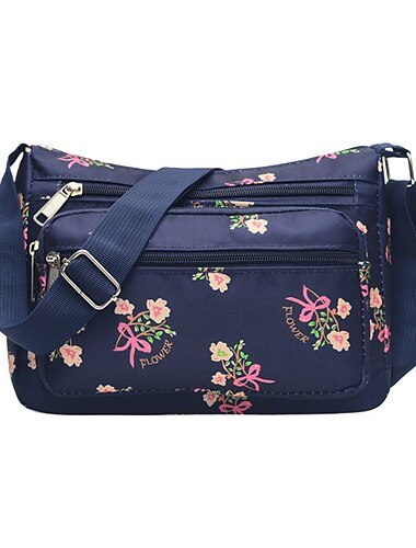  Umhängetasche für Damen mit Blumenmuster, leichte, wasserdichte Nylon-Handtasche mit mehreren Reißverschlusstaschen, lässige Reisehandtasche für den täglichen Gebrauch und den Urlaub