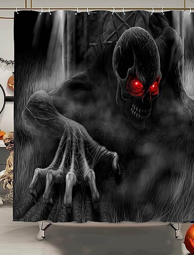  Halloween-Horror-Duschvorhang mit Haken, Halloween-Badezimmer-Dekor, wasserfester Stoff-Duschvorhang-Set mit 12 Kunststoff-Haken, Skelett-Kürbis-Hexe