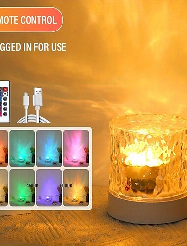  LED-Wasserwellen-Umgebungs-Nachtlicht, USB-wiederaufladbare rotierende Projektions-RGB-Kristall-Tischlampe mit Fernbedienung, dimmbarer Farbwechsel für das Schlafzimmer, Nachttisch, Spielzimmer,