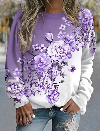  felpa da donna pullover floreale strada casual elegante sport basic girocollo manica lunga top micro-elastico autunno&amp;tessuto morbido traspirante invernale confortevole