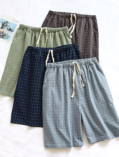  Hombre Pijama Pantalones cortos de pijama Plaid Elegante Casual Confort Hogar Diario Cama Mezcla de Algodón Comodidad Verano Primavera Azul Piscina Marrón