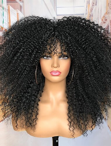  18 Zoll lange lockige Perücke mit Pony für schwarze Frauen, Afro-Bombe, verworrene lockige Perücke, flauschiges und weiches Kunsthaar