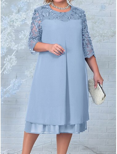  Damen Übergröße Spitzenkleid abendkleider Cocktailkleid Chiffon Spitze Bestickt Rundhalsausschnitt 3/4 Ärmel Blumen Midikleid Formal winterkleider damen Rosa Dunkelblau Frühling Winter