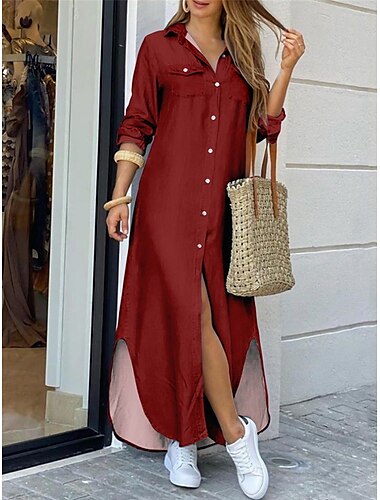  Damen-Hemdkleid, Freizeitkleid, Maxikleid, langes Kleid, Outdoor, Alltag, Urlaub, Mode, klassischer Hemdkragen, Knopftasche, lange Ärmel, Frühling, Herbst, normale Passform, einfarbig