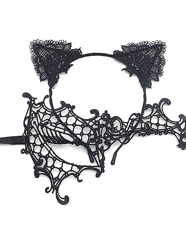  Spitzen-Maskerade-Maske für Frauen, schwarze Maskerade-Maske für Frauen, Katzenmaske, Katzenohr-Stirnband mit Herz-Halsband