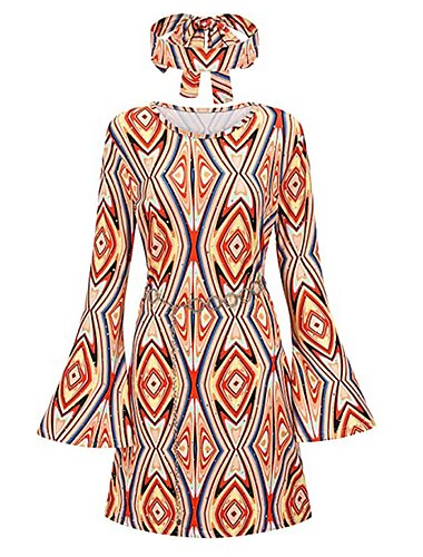  Retro Vintage 1970er Disko Kleid Stirnband Trompetenärmel Hippie Druck Damen Maskerade Party Party / Abend Pride Parade Erwachsene Kleid Stirnband