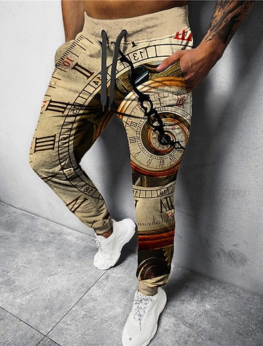  Klok Vintage Voor heren 3D-afdrukken Joggingbroeken Broeken Buiten Straat Casual / Dagelijks Polyester Khaki Beige S M L Hoge taille Elasticiteit Broek