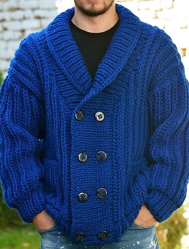  Herre Cardigan Sweater Cardigan Sweater jakke Tyk Strikke Normal Dobbeltradet Ensfarvet / almindelig farve Sjalrevers Tøj Drop Shoulder Efterår vinter Kongeblå M L XL