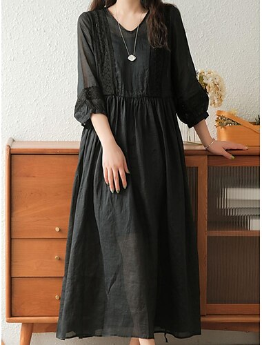  Femmes Noir Blanche Jaune Automne Robe maxi Robes inspirées du lin Robe Décontractée Basique Classique Occasionnel Extérieur Vacances Quotidien Coupe Ample Uni Col en V