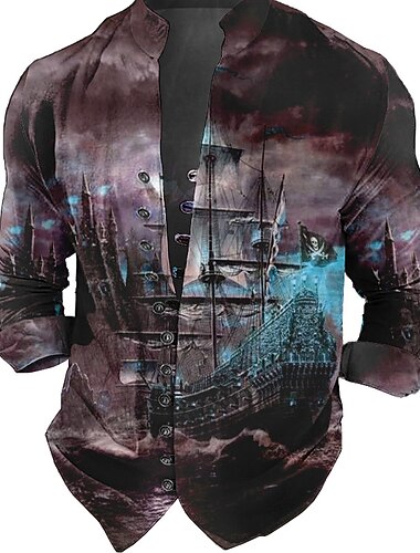  Voor heren Watersport Wijnoogst Zeilboot Overhemd Overhemd met knopen Lange mouw Modieus Streetwear Ontwerper Buiten Casual Dagelijks Zomer Lente Herfst Opstaand Afdrukken Geel Rood blauw Groen Grijs