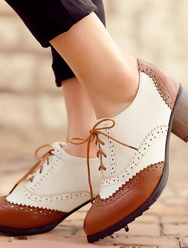  Women's Heels Pumps Oxfords Brogue Wingtip Shoes Vintage Shoes Party Outdoor Daily Color Block Summer High Heel Chunky Heel Round Toe Elegant Vacation Cute Leather Lace-up Black Brown