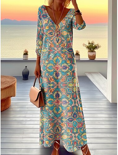  Vrouwen Maxi Jurk Grafische Print V Hals Lange Jurk Dagelijkse Afspraak Lange Mouw Lente Herfst