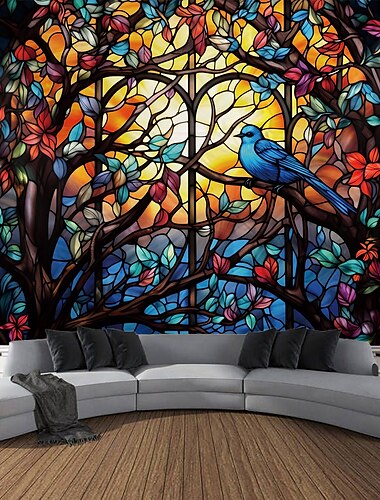  الزجاج الملون الطيور شنقا نسيج جدار الفن كبير نسيج جدارية ديكور صورة خلفية بطانية الستار المنزل غرفة نوم غرفة المعيشة الديكور