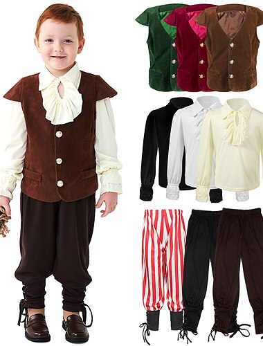  Punk & Gotico Medievale Rinascimento Pantaloni Gilet T-shirt Fiera del Ren Cavaliere Vichingo Crociato Con Volant Tinta unica Ragazzi Costumi da pirata Carnevale Mascherata Performance Feste