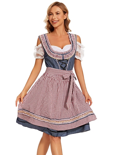 Karnival Oktoberfest öl Kostym Klänningar Förkläde Dirndl Oktoberfest / öl Hembiträde Bavarian Tyska München Ängar Dam Traditionell stil tyg Klänning Förkläde
