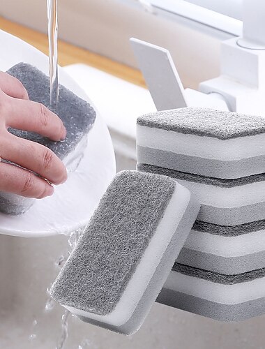  Esponja de doble cara para el hogar, estropajo gris resistente a la suciedad, esponja para manchas de cocina, suministros de limpieza profesionales, 5 uds.