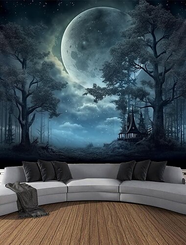  Tapisserie suspendue Halloween Glommy Forêt Art mural Grande tapisserie Décor mural Photographie toile de fond Couverture Rideau Décoration maison Chambre Salon Décorations
