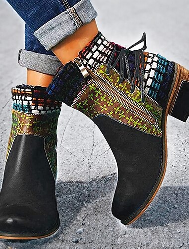  Boho Chic Damen Stiefeletten mit buntem Patchwork und Reißverschluss – Schnürboots im Vintage Style für Herbst und Winter