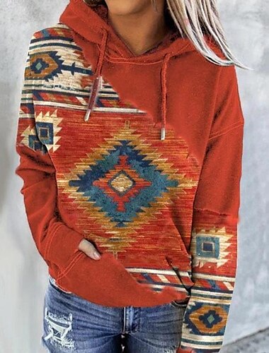  Mujer Sudadera con capucha Pull-over Geométrico Cosecha Étnico Calle Casual Bolsillo delantero Rojo Azul Piscina Verde Trébol Vintage Étnico Neón y brillante Sudadera Manga Larga Top Microelástico